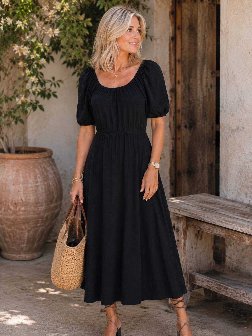 Karen Kane XL Black Folk Tale Peasant Maxi Dress Puff Sleeve Jersey Made USA NWT